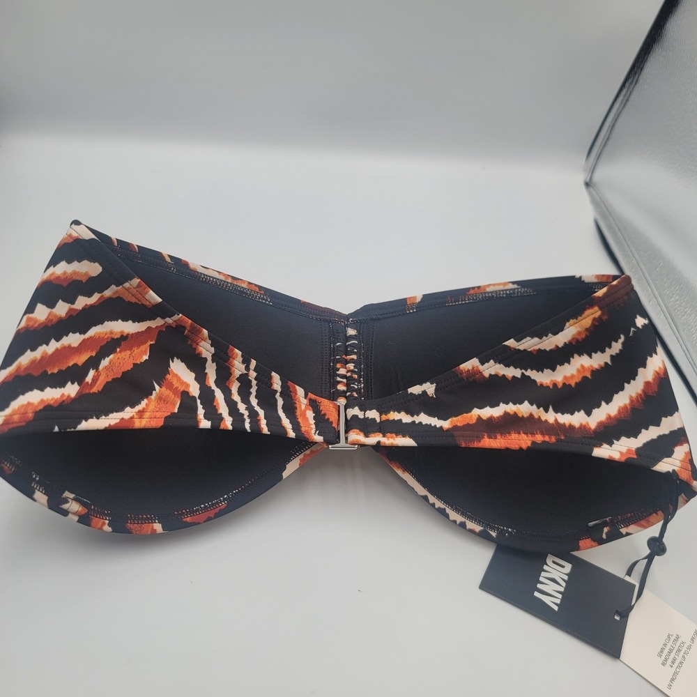 New DKNY Women Tiger Print Bandeau Bikini Top XL Black Orange Safari Y2K Glam - Picture 3 of 5